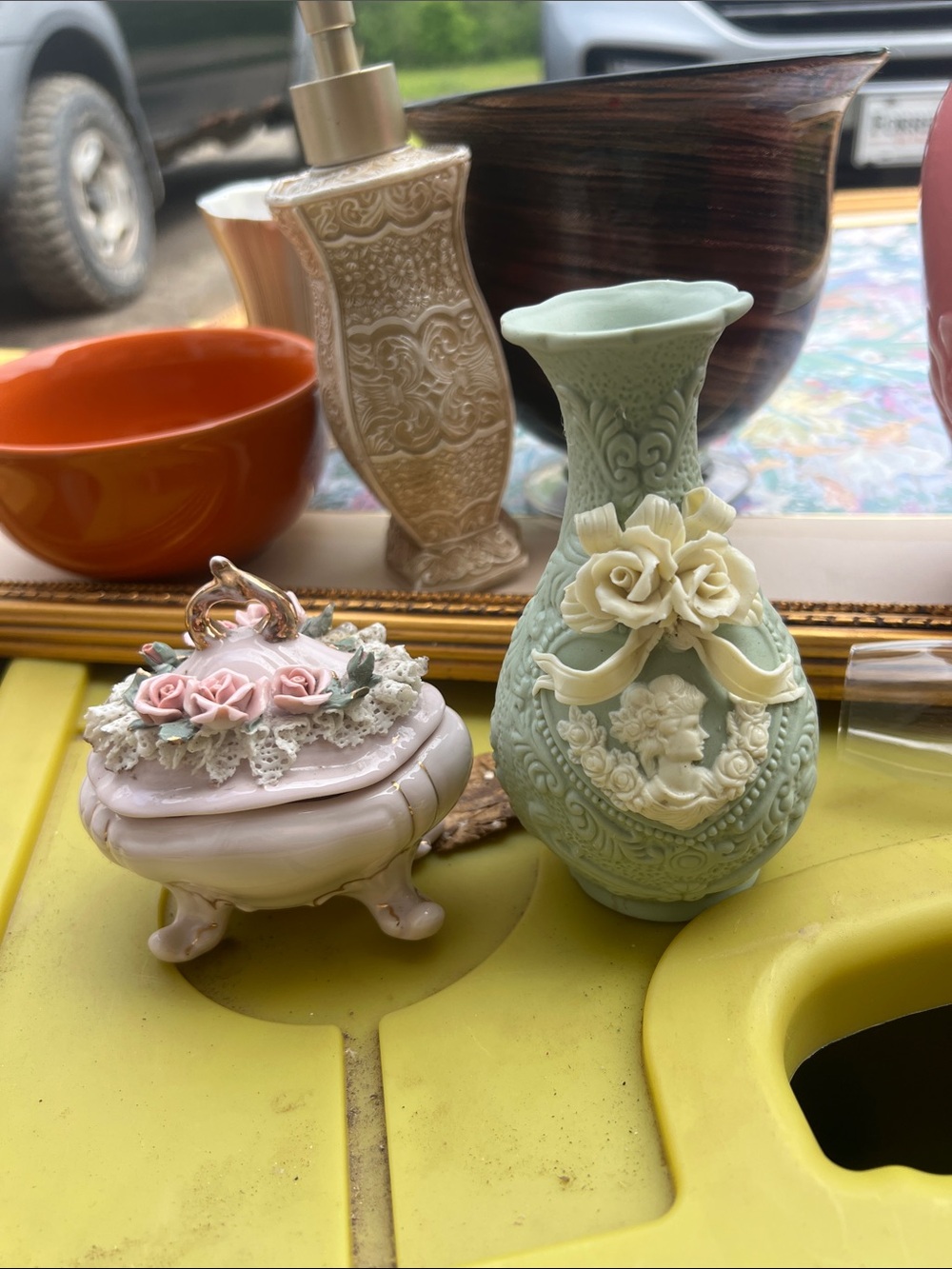 Decorative Pale Green Porcelain Vase with Floral Relief